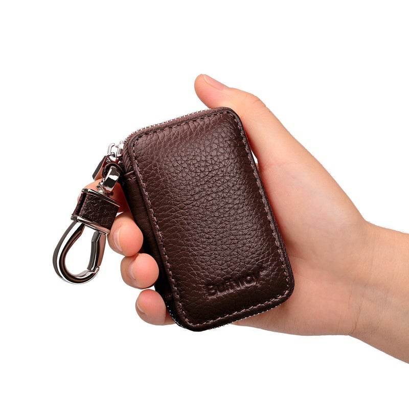Buffway Car Key Holder,Genuine Leather Car Keychain Coin Case Metal Hook and Keyring Wallet Zipper Case for Auto Remote Key Fob - Coffee - Image 3